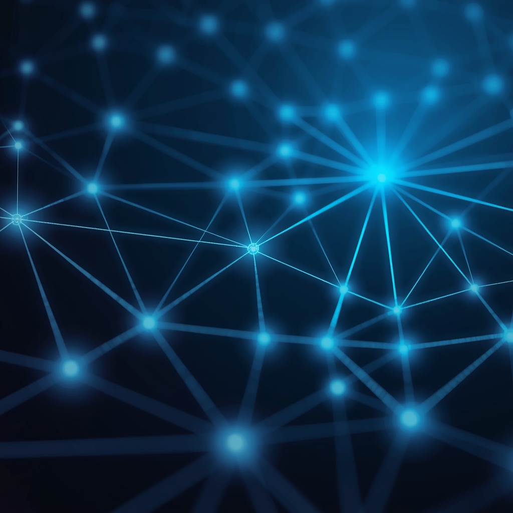 abstract network visualization, connecting nodes of light, blue and cyan color scheme, digital art, minimal